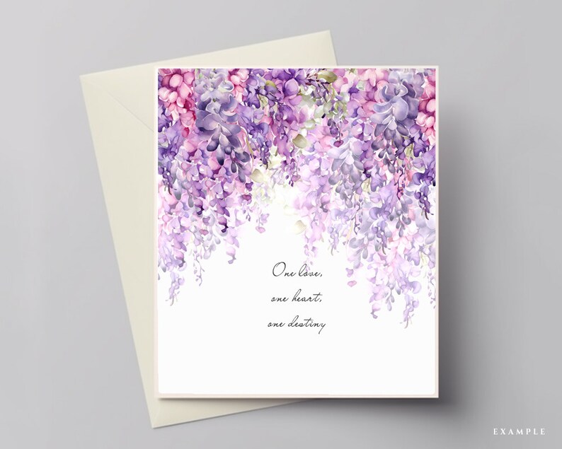 May include: A white card with a watercolor illustration of purple and pink wisteria flowers. The text "One love, one heart, one destiny" is printed on the card.