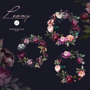 May include: Three wreaths made of dark pink, purple, and white peonies with green leaves on a dark blue background. The text "Peony Wreaths and Arrangements 14 Transparent Background 300 DPI" is at the top of the image.