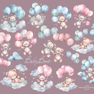 May include: A set of 16 watercolor illustrations featuring baby bears holding balloons and floating on clouds. The bears are wearing bows and have a sweet, whimsical expression. The balloons are in shades of pink and blue, and the clouds are a soft white. The illustrations are perfect for adding a touch of charm to baby shower invitations, nursery decor, or any other project.