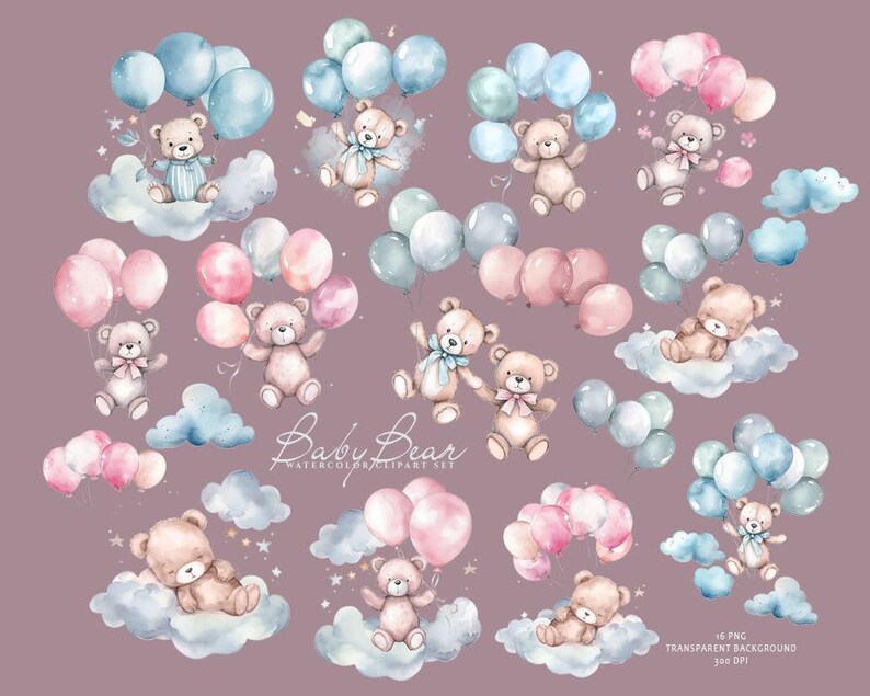 May include: A set of 16 watercolor illustrations featuring baby bears holding balloons and floating on clouds. The bears are wearing bows and have a sweet, whimsical expression. The balloons are in shades of pink and blue, and the clouds are a soft white. The illustrations are perfect for adding a touch of charm to baby shower invitations, nursery decor, or any other project.