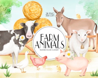 Watercolor Farm Animals Clip Art, Little Animal Clipart, Watercolor Country Animals, Cow, Pig, Lamb, Chicken, Donkey Clipart, Cute Farm, PNG