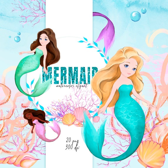 Watercolor Mermaid Clipart, Sea Life Clipart, Summer Mermaids Tails, Seashell Clip Art, Mermaid Graphics, Coral, Seaweed, Ocean Clipart, PNG