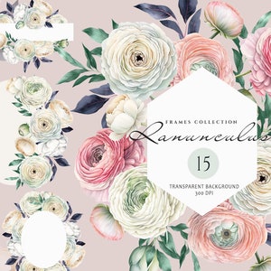 Clipart di peonie rosa, clipart di fiori Boho, cornici floreali primaverili, eleganti fiori Boho, clipart ranuncolo, fiori bianchi dell'acquerello PNG