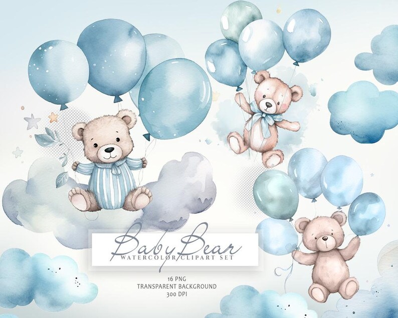 May include: Watercolor clipart set of three brown teddy bears holding blue and green balloons. The bears are flying in the sky with clouds. The text "Baby Bear Watercolor Clipart Set" is at the bottom of the image.