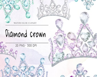 Akvarell kronor Clipart, Tiara prinsessa Clipart, Akvarell prinsessa krona, Diamant Clip Art, Glitter krona, Glittrig krona, Tiara PNG