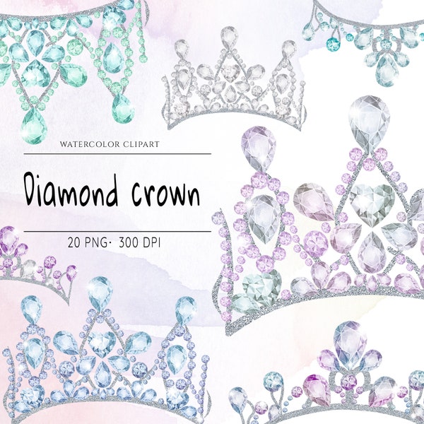 Watercolor Crowns Clipart, Tiara Princess Clipart, Watercolor Princess Crown, Diamond Clip art, Glitter Crown, Sparkly Crown, Tiara PNG