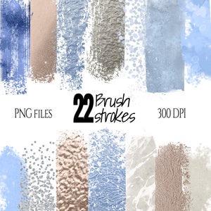Op de afbeelding: Een set van 22 digitale penseelstreken in de kleuren blauw, zilver en beige. De penseelstreken zijn in PNG-formaat en hebben een resolutie van 300 DPI.