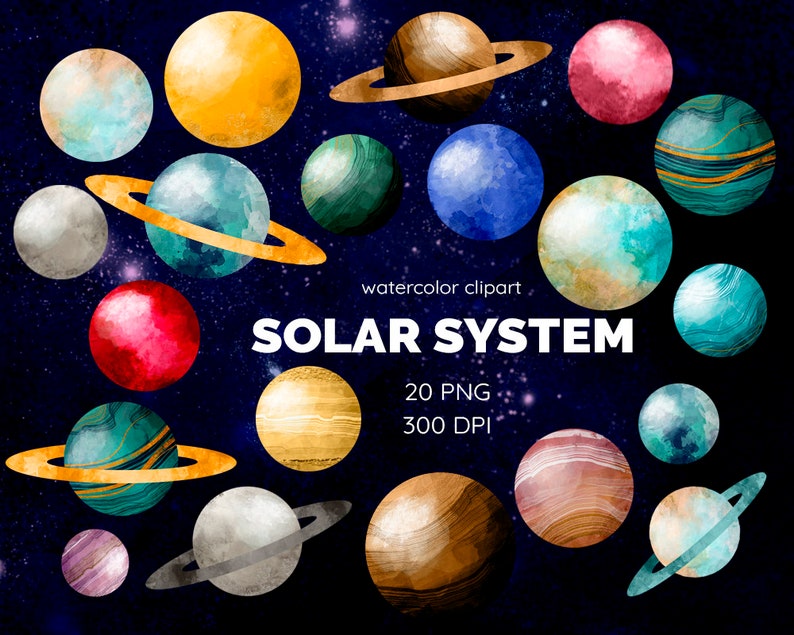 Solsystemet Clipart, Akvarell Planeter Clip Art, Rymdgrafik, Vetenskap Clip Art, Mars Jorden Jupiter Venus Saturnus, Universum Clipart, PNG bild 3