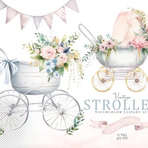 May include: Two vintage baby strollers with white frames and wheels, decorated with pastel pink and blue flowers. The strollers are set against a white background with a banner of pink and white flags.