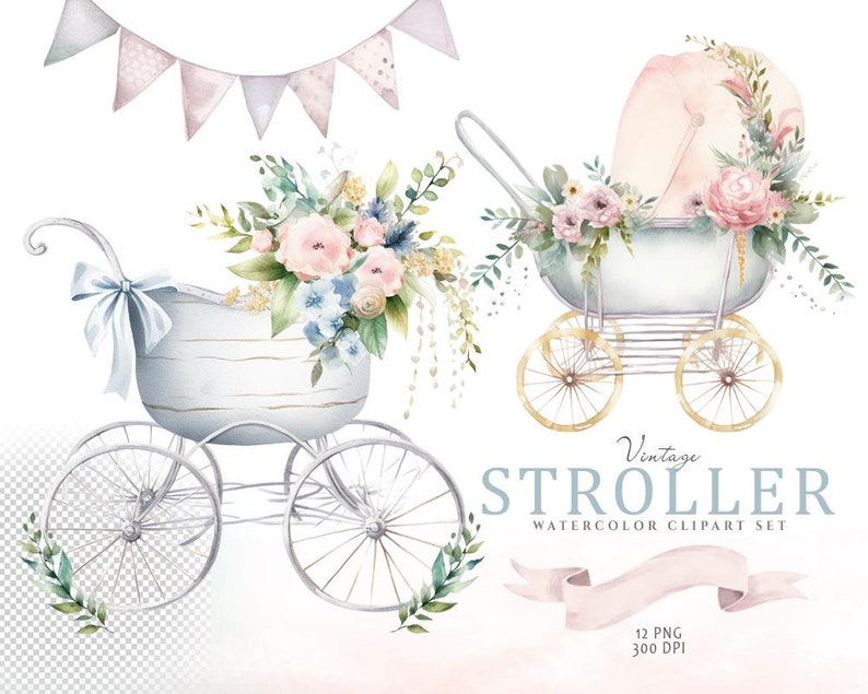 May include: Two vintage baby strollers with white frames and wheels, decorated with pastel pink and blue flowers. The strollers are set against a white background with a banner of pink and white flags.