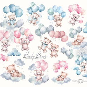 May include: Watercolor clipart set of baby bears holding balloons. The bears are wearing bows and are flying in the clouds. The balloons are pink, blue, and white. The text "Baby Bear Watercolor Clipart Set" is written at the bottom of the image.