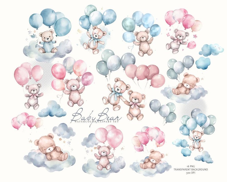 May include: Watercolor clipart set of baby bears holding balloons. The bears are wearing bows and are flying in the clouds. The balloons are pink, blue, and white. The text "Baby Bear Watercolor Clipart Set" is written at the bottom of the image.