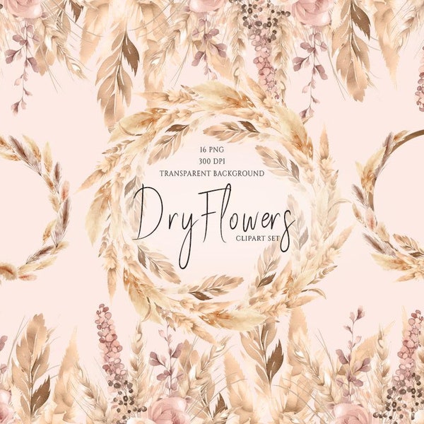 Dried flowers clipart, Boho flowers, Watercolor floral clipart, Rustic bouquets, Boho wreath, Pampas clipart, Elegant bohemian flowers, PNG