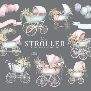 May include: A set of 12 watercolor illustrations of vintage baby strollers with floral accents. The strollers are in various colors, including pink, blue, and white. The illustrations are perfect for creating baby shower invitations, cards, and other crafts.
