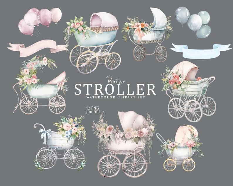 May include: A set of 12 watercolor illustrations of vintage baby strollers with floral accents. The strollers are in various colors, including pink, blue, and white. The illustrations are perfect for creating baby shower invitations, cards, and other crafts.