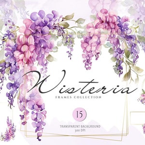 Glyzinienrahmen, Aquarell Glyzinien, lila rosa und blaue Blumen Clipart, Glyzinien Ränder, Blumenrahmen Clipart, elegante violette Blumen PNG