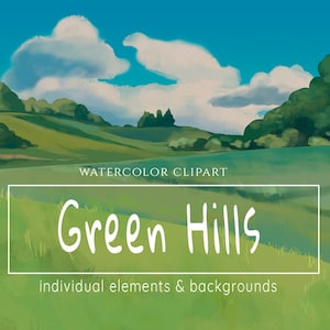 Watercolor Landscape Clipart, Green Mountain Clipart, Hills Clip Art, Watercolor Mountain Graphics, Grass Field, Tree, Cloud, Nature Clipart