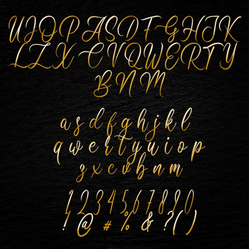 May include: A gold cursive font alphabet with uppercase and lowercase letters, numbers, and punctuation marks on a black background.
