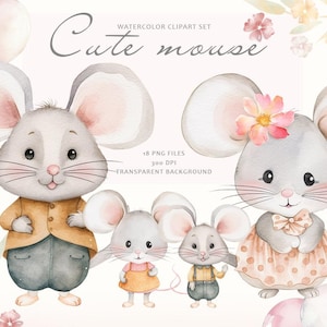 Clipart souris aquarelle, nouveau-né, clipart chambre d'enfant, clipart mignon mère et bébé animaux, famille de souris, baby shower aquarelle, Mise PNG