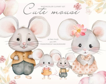 Watercolor mouse clipart, Newborn baby, Nursery clipart, Cute mother & baby animals clipart, Mouse family, Watercolor baby shower, Mise PNG