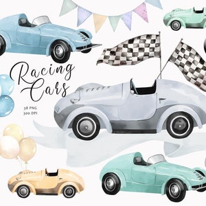 Watercolor cars clipart, Newborn baby boy, Nursery clipart, Baby decor, Nursery room clipart, Vintage racing cars clipart, Baby shower, PNG image 7