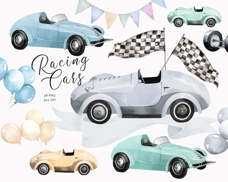 Watercolor cars clipart, Newborn baby boy, Nursery clipart, Baby decor, Nursery room clipart, Vintage racing cars clipart, Baby shower, PNG image 7