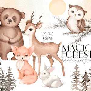 Watercolor Forest Animals Clip Art, Woodland Animals Clipart, Fox, Rabbit, Owl, Bear, Deer Clipart, Nursery Graphics, Winter Pine Trees, PNG