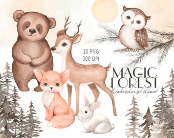 Watercolor Forest Animals Clip Art, Woodland Animals Clipart, Fox, Rabbit, Owl, Bear, Deer Clipart, Nursery Graphics, Winter Pine Trees, PNG