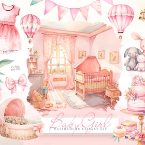 Aquarel baby meisje clipart, pasgeboren baby, kwekerij clipart, baby decor, kinderkamer clipart, het is een meisje clipart, aquarel babyshower