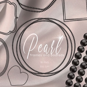 Pearl Necklace Clip Art, Black Pearl Clipart, Watercolor Gems, Pearl Frames, Jewelry Clipart, Pearl Borders, Digital Jewels, Pearl Overlays