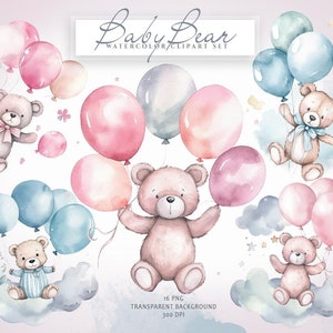 May include: Watercolor clipart set of baby bears holding balloons. The bears are brown with pink noses and are wearing blue and pink bows. The balloons are pink, blue, and white. The text "Baby Bear Watercolor Clipart Set" is at the top of the image.