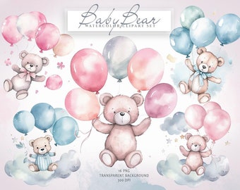 Op de afbeelding: Waterverf clipart set van babyberen die ballonnen vasthouden. De beren zijn bruin met roze neuzen en dragen blauwe en roze strikken. De ballonnen zijn roze, blauw en wit. De tekst "Baby Bear Watercolor Clipart Set" staat bovenaan de afbeelding.