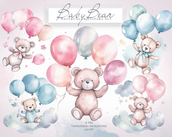 Watercolor teddy bear clipart, Newborn baby, Nursery clipart, Baby decor, Cute baby bear clipart, Bear with balloons, Watercolor baby shower