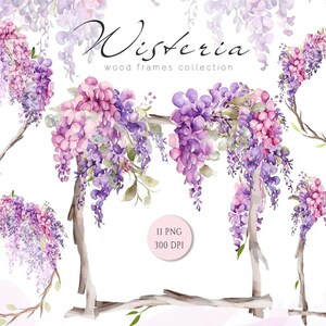 Clipart di cornici in legno, cornici di glicine, clipart di glicine dell'acquerello, clipart di fiori viola rosa e blu, clipart in legno, cornici di bosco, PNG