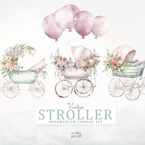 May include: Three vintage baby strollers with floral wreaths and pink balloons. The strollers are white with blue accents and have wheels. Watercolor illustration.