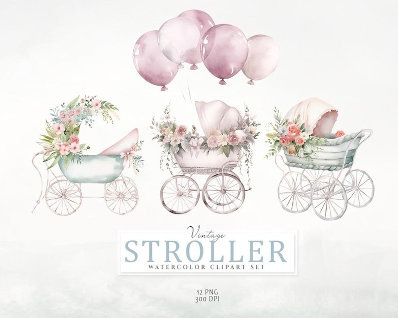 May include: Three vintage baby strollers with floral wreaths and pink balloons. The strollers are white with blue accents and have wheels. Watercolor illustration.