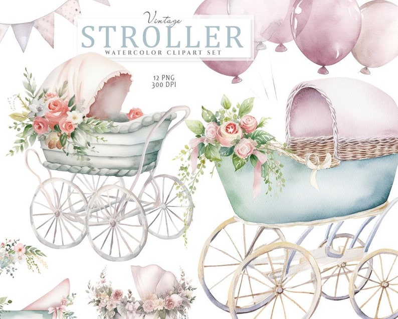 May include: Vintage watercolor clipart set of two baby strollers with floral accents. One stroller is white with a pink canopy and the other is blue with a pink canopy. Both strollers have wicker baskets and wheels.
