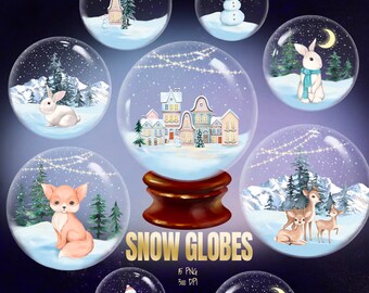 Snow Globes Christmas Clipart, Winter Village, Watercolor Woodland Animals, Forest Landscape, Snowy Scene, Winter Trees Clip Art, Mountains