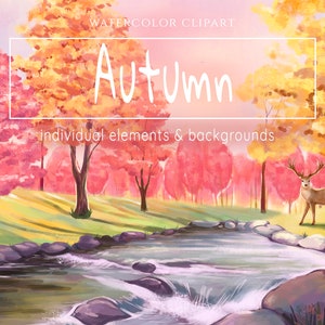 Autumn Landscape Clipart, Watercolor Fall, Woodland Landscapes, Trees Clipart, Autumn Scene, Nature Clip Art, Lake, Forest Background, Hills
