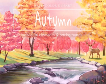 6枚の水彩画風の秋の風景イラスト、季節の工芸品や装飾に最適な秋の