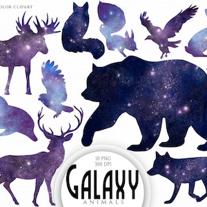Watercolor Space Animals, Silhouettes Clipart, Galaxy Animals, Stars Bear, Fox, Elk, Squirrel, Raven, Deer, Forest Animals, Cosmic Clip Art
