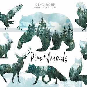 Aquarelles, Silhouettes d'animaux, Clipart animaux de la forêt, pins, animaux sauvages, cerf, wapiti, renard, écureuil, aigle, ours, paysage forestier
