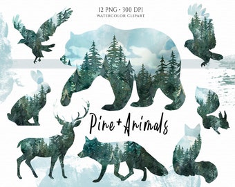 Watercolor Animal Silhouettes, Forest Animals Clipart, Pine Trees, Wild Animals, Deer, Elk, Fox, Squirrel, Eagle, Bear, Woodland Landscape