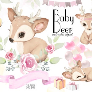 Cute Deer, Girl Baby Deer Clipart, Little Animals, Watercolor Deer, Woodland Baby Shower, Fawn Clip Art, Nursery Decor, Floral Deer, PNG image 2