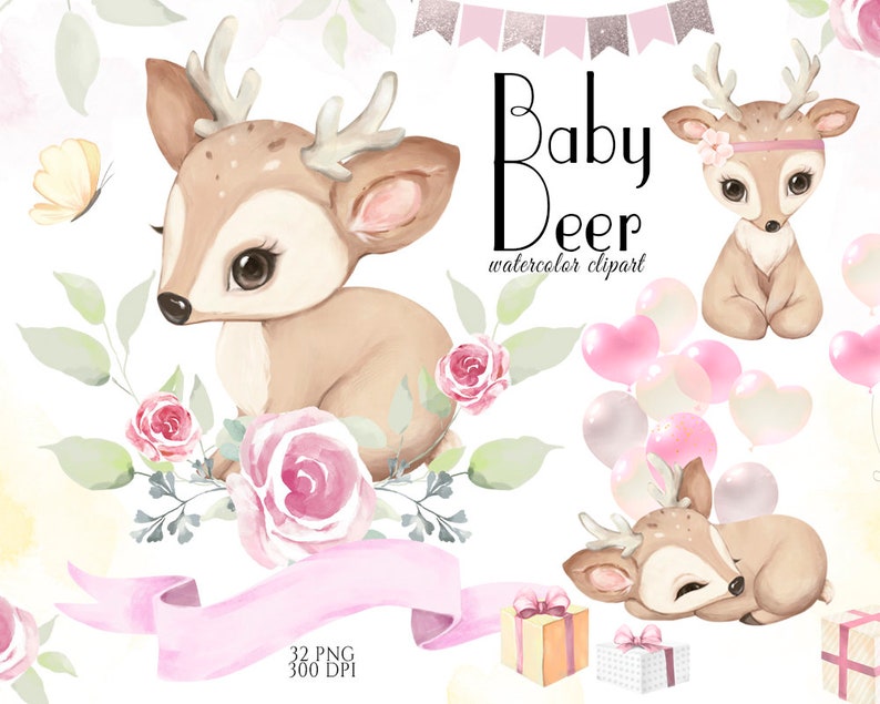 Cute Deer, Girl Baby Deer Clipart, Little Animals, Watercolor Deer, Woodland Baby Shower, Fawn Clip Art, Nursery Decor, Floral Deer, PNG image 2