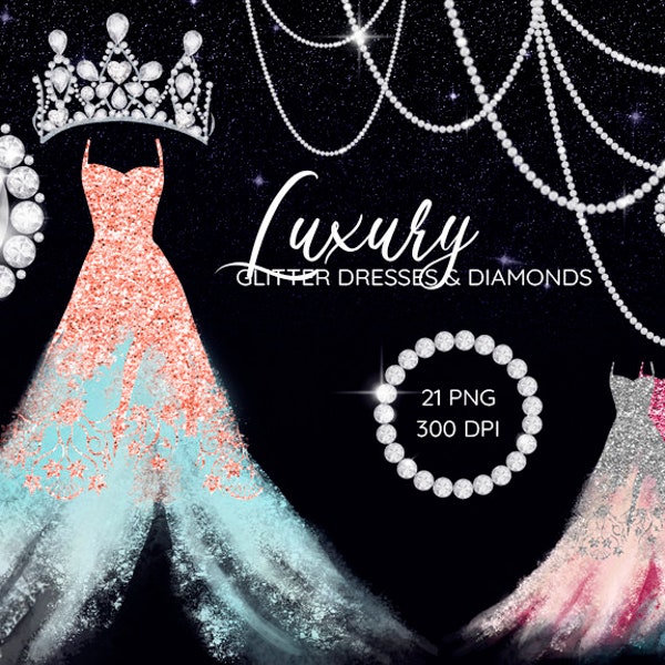 Glitter Dress Clipart, Diamond Dresses Clip Art, Gowns Clipart, Sparkly Crown, Wedding Dress Clip Art, Jewelry Clipart, Fashion Clipart, PNG