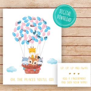 Ausdruckbarer Babyparty-Fingerabdruck-Ballon, Heißluftballon-Fingerabdruck-Gästebuch, geschlechtsneutrale Babyparty-Ideen, Dschungelsafari-Geschlechtsoffenbarung