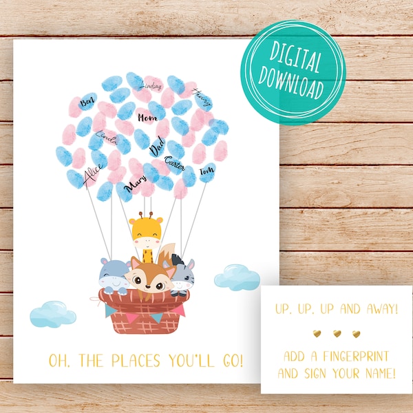 Printable Baby Shower Fingerprint Balloon,Hot Air Balloon Fingerprint Guestbook,Gender Neutral Baby Shower Ideas,Jungle Safari Gender Reveal