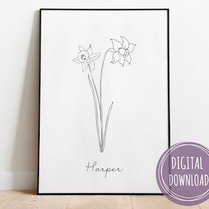 DIGITAL Custom Name Birth Flower Print,Personalized Birth Month Flower Wall Art,Personalized Gifts For Mom,Personalized Gift,Line Art Flower