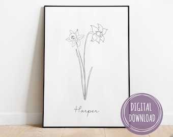 DIGITAL Custom Name Birth Flower Print,Personalized Birth Month Flower Wall Art,Personalized Gifts For Mom,Personalized Gift,Line Art Flower